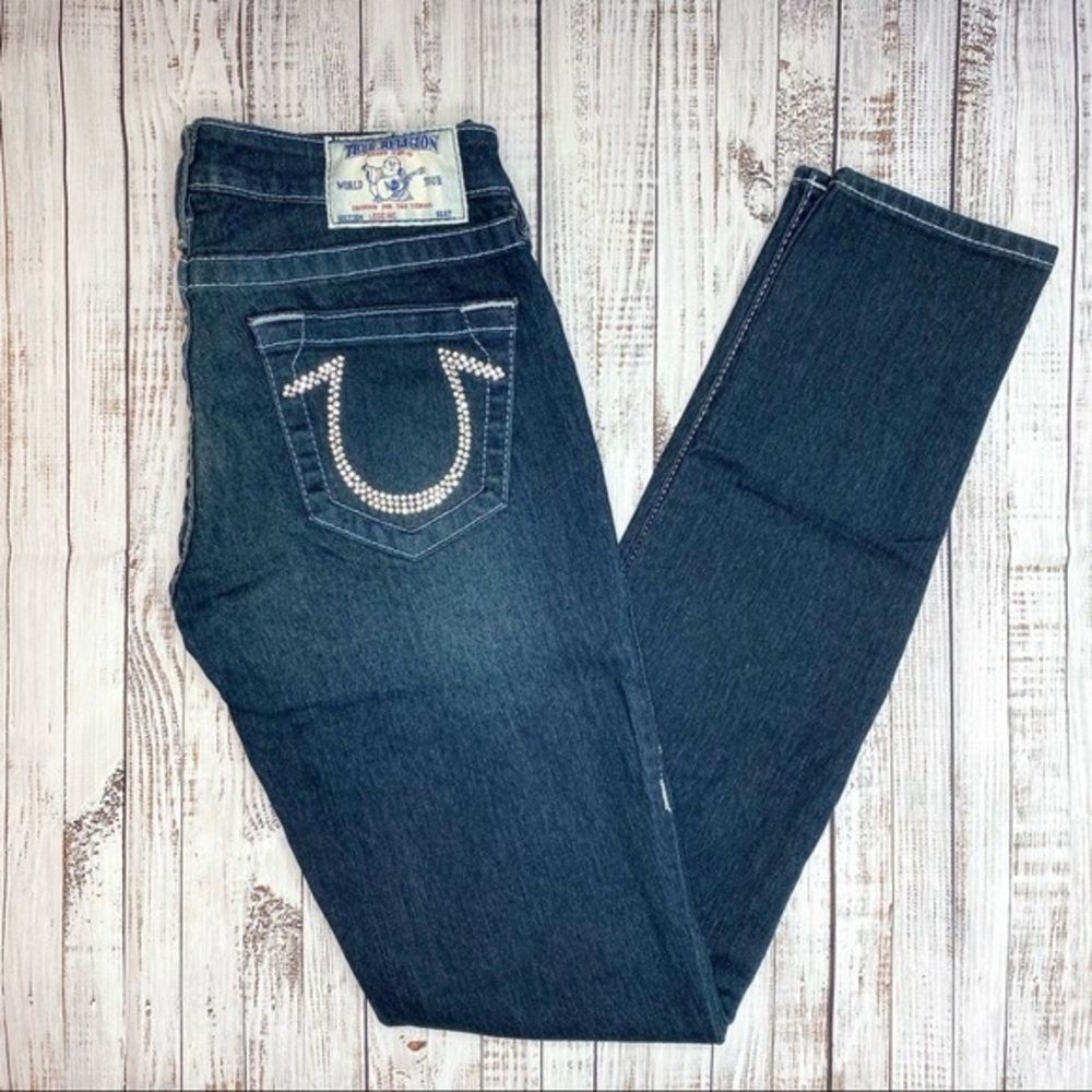 NEW True Religion Women's Blue Wash Bejeweled stone Pocket Jeans skinny crystal
